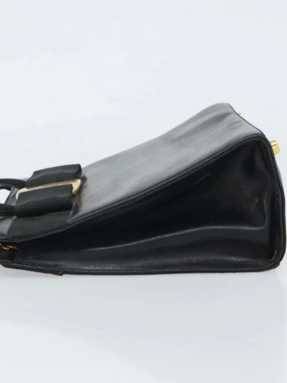 Salvatore Ferragamo Vala Hand Bag Leather 2way Black Gold Auth 161693
